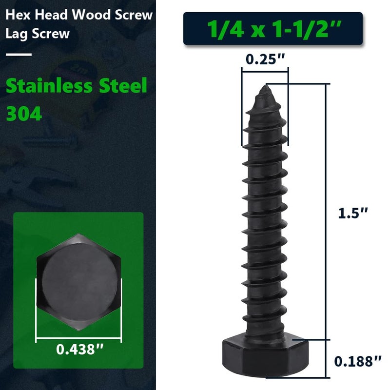 RoyceMart 20-Sets 1/4 x 1-1/2" Black Hex Head Lag Screws & Flat Washers, Heavy Duty Wood Lag Screws, 304 Stainless Steel (18-8), 1/4" Bolt - Image 2